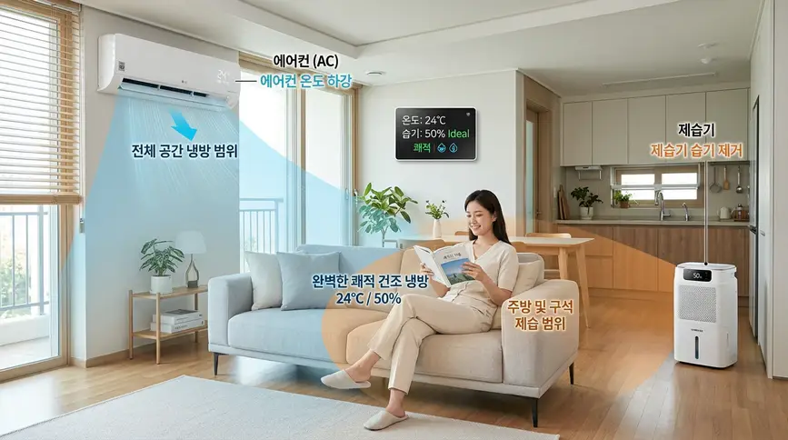 거실에서 에어컨으로 전체 온도를 낮추고 주방이나 구석 공간에 제습기를 배치하여 온도 이십사 도와 습도 오십 퍼센트의 완벽한 쾌적함을 동시에 달성하는 복합 운용법 