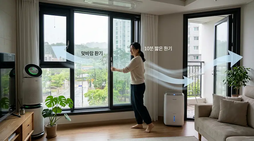 장마철 비가 잠시 소강상태일 때 거실 앞뒤 창문을 모두 열어 맞바람 환기를 십 분간 실시하며 제습기와 공기청정기를 함께 가동하는 쾌적한 실내 환기 장면 
