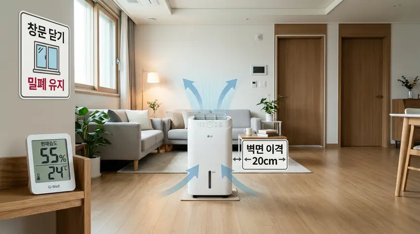 창문과 방문을 모두 닫은 밀폐된 아파트 방에서 벽면에서 이십 센티미터 떨어진 중앙에 제습기를 배치하여 공기 순환을 최적화한 올바른 설치법 