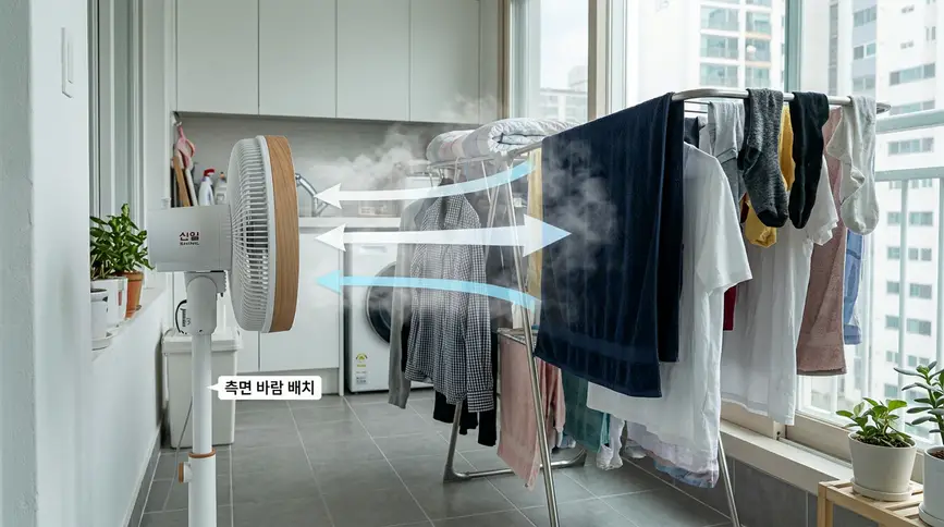 선풍기를 건조대 측면에 배치하여 빨래 사이사이 틈새로 바람을 강하게 통과시켜 공기 터널을 만드는 효율적인 건조법
