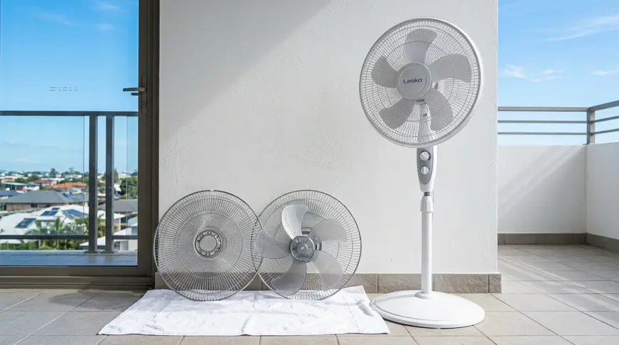 햇볕 잘 드는 베란다에서 흰 수건 위에 선풍기 날개와 망이 건조 중이고, 옆에 완전히 조립된 깨끗한 선풍기가 서 있는 모습