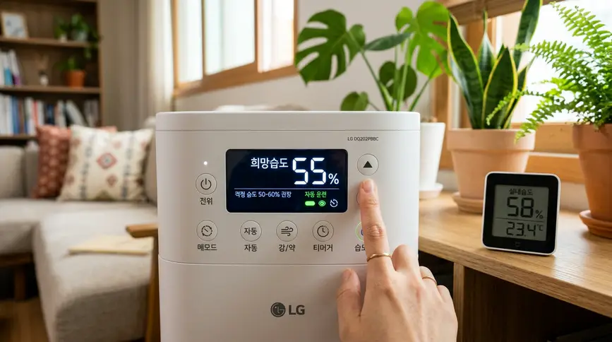 제습기 디스플레이에서 목표 습도 오십오 퍼센트를 설정하는 손가락과 디지털 습도계가 오십팔 퍼센트를 표시하는 적정 습도 관리 장면 