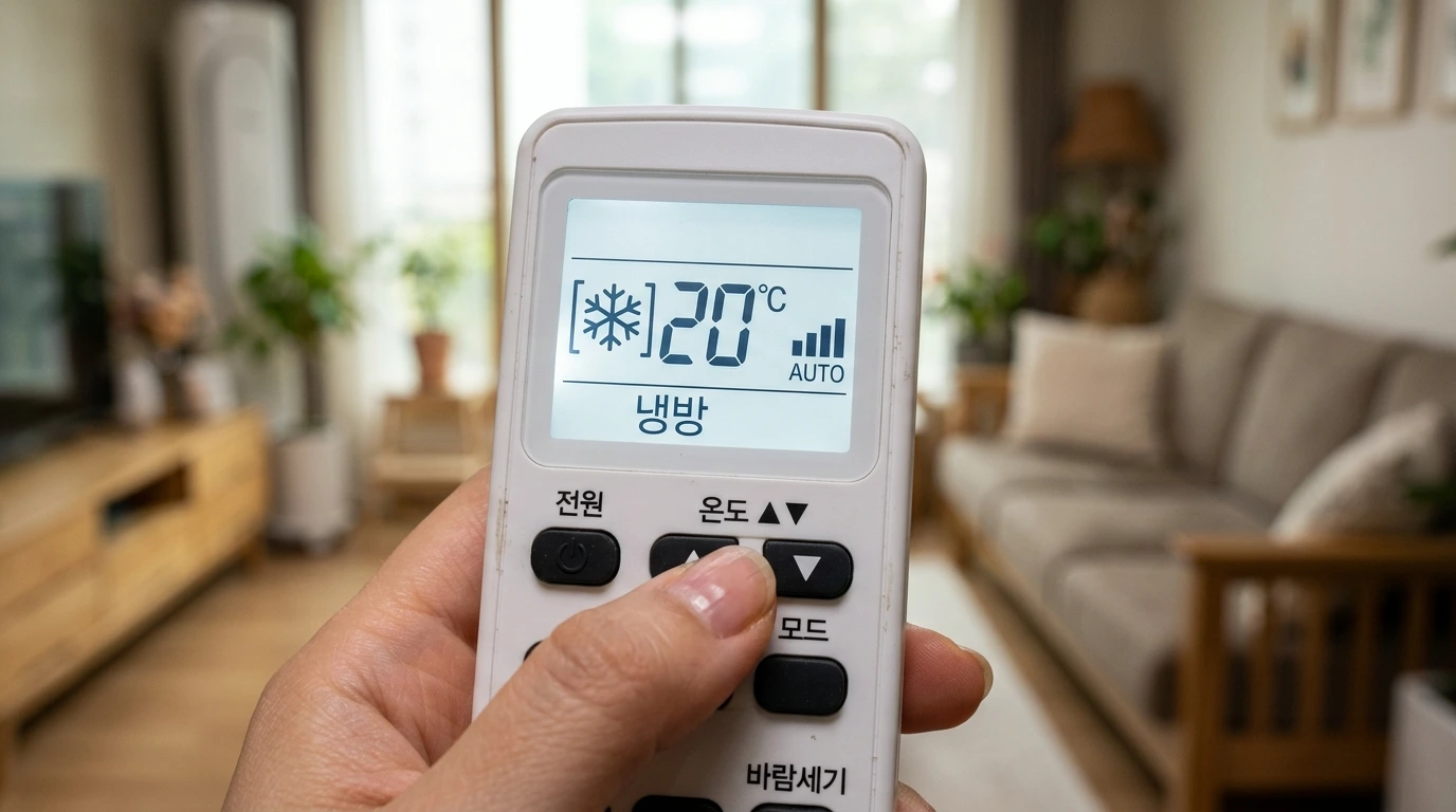 에어컨 리모컨 디스플레이 화면에서 냉방 모드와 설정 온도를 확인하는 모습