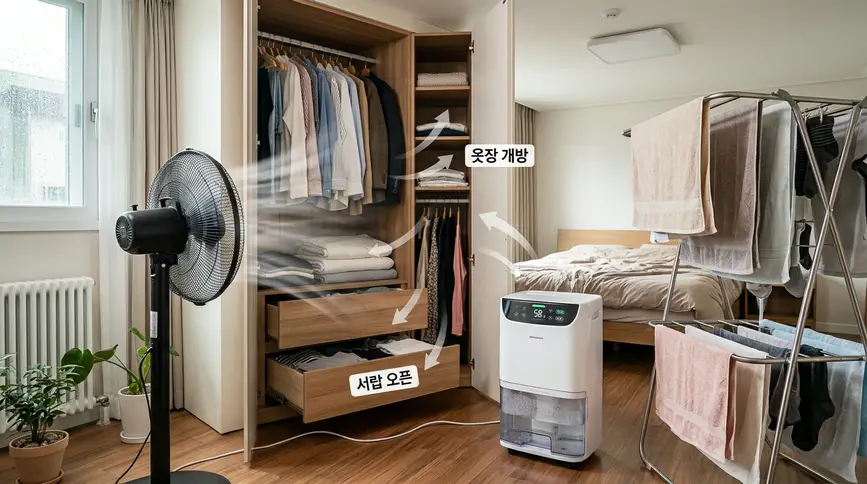 빨래 건조 시간을 활용하여 옷장 문과 서랍을 모두 열어두고 선풍기와 제습기로 동시에 습기를 제거하여 옷장 곰팡이를 예방하는 효율적 관리법