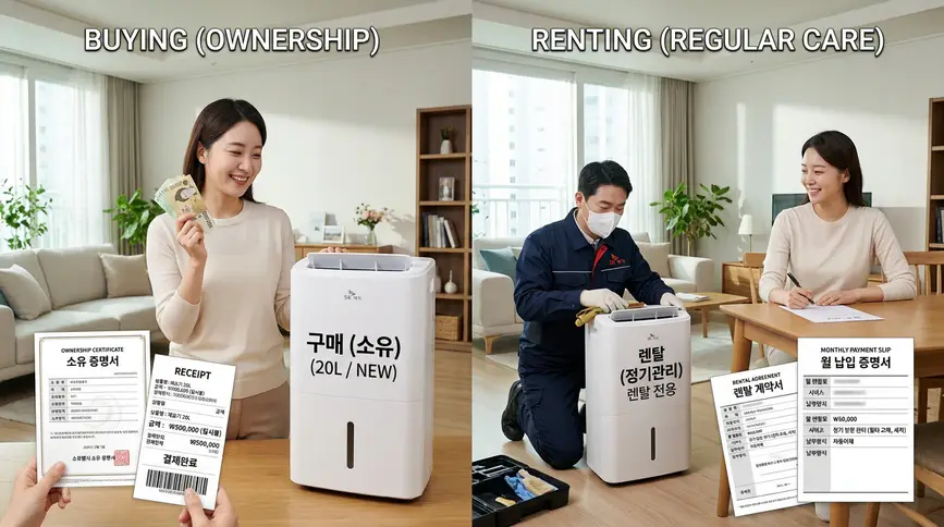 구매는 초기 비용 오십만 원과 즉시 소유권 확보, 렌탈은 월 이만 원 소액 지출과 정기 관리 서비스를 비교한 양분 화면