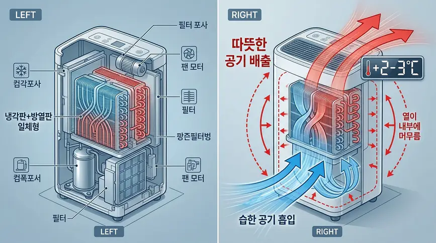 제습기 내부 구조로 냉각판과 방열판이 일체형으로 붙어 있어 습기를 제거한 뒤 따뜻하게 데워진 건조한 공기를 배출하며 실내 온도가 이 에서 삼 도 상승하는 원리 다이어그램
