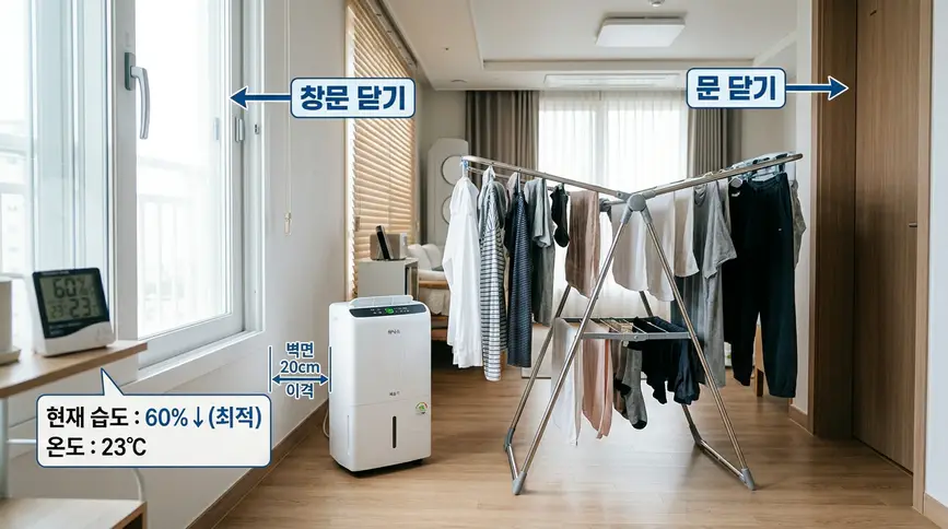 창문과 방문을 모두 닫은 밀폐된 방에서 벽면에서 이십 센티미터 떨어진 위치에 제습기를 배치하여 습도를 육십 퍼센트로 낮추는 최적 환경