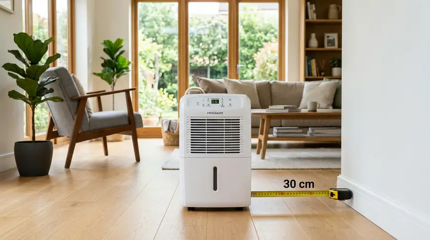 제습기를 벽면에서 20~30cm 떨어뜨려 설치하여 공기 순환을 확보한 올바른 배치