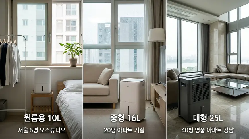 원룸용 십 리터 소형, 이십 평 아파트용 십육 리터 중형, 사십 평 이상 대형 공간용 이십오 리터 제습기를 공간별로 배치한 비교 화면 