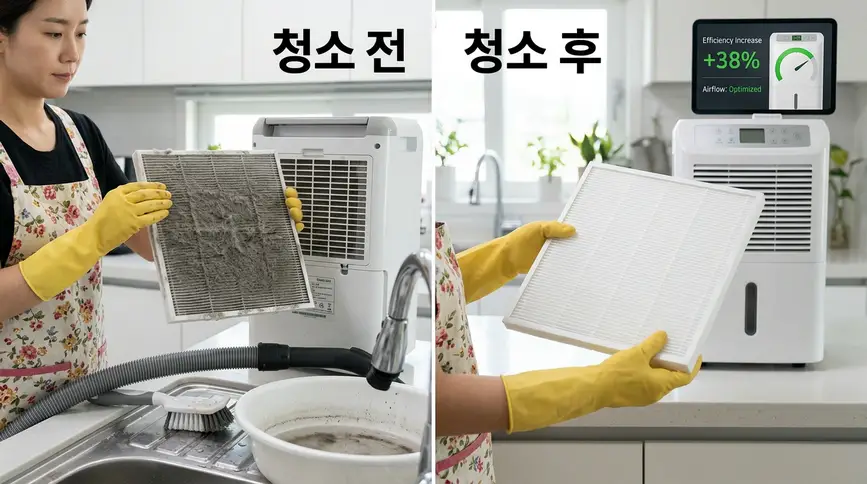 먼지로 회색빛이 된 제습기 필터와 청소 후 하얗게 깨끗해진 필터를 양손에 들고 비교하며 에너지 효율 개선 효과를 확인하는 전후 비교 장면 