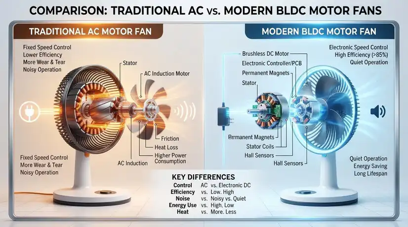 전통적인 AC 모터와 현대적인 BLDC 모터를 비교한 3D 인포그래픽, BLDC 쪽은 부드러운 파란 절전 빛으로 빛나고 AC 모터 쪽은 따뜻한 톤으로 표현된 깔끔한 흰 배경의 미래지향적 기술 비주얼.