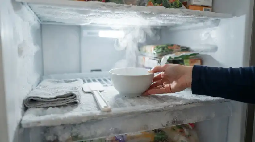 김이 나는 뜨거운 물 그릇을 냉동실에 넣는 손, 부드러운 천과 플라스틱 주걱, 밝고 깨끗한 실내 조명