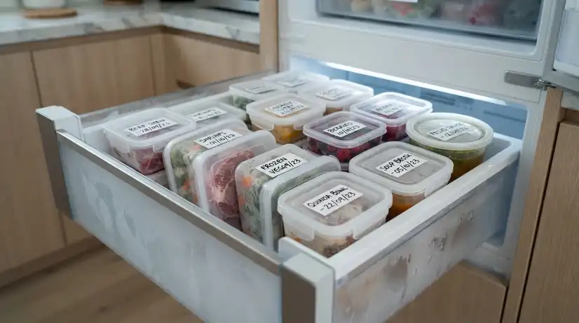 투명 용기에 담긴 냉동 식품이 세로로 정돈된 서랍, 뚜껑에 날짜와 품목명 라벨, 깔끔하고 현대적인 주방