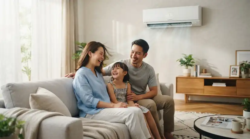 벽걸이 에어컨 바람을 느끼며 소파에 편안하게 앉아 미소 짓는 아시아 가족의 따뜻하고 상쾌한 거실 사진